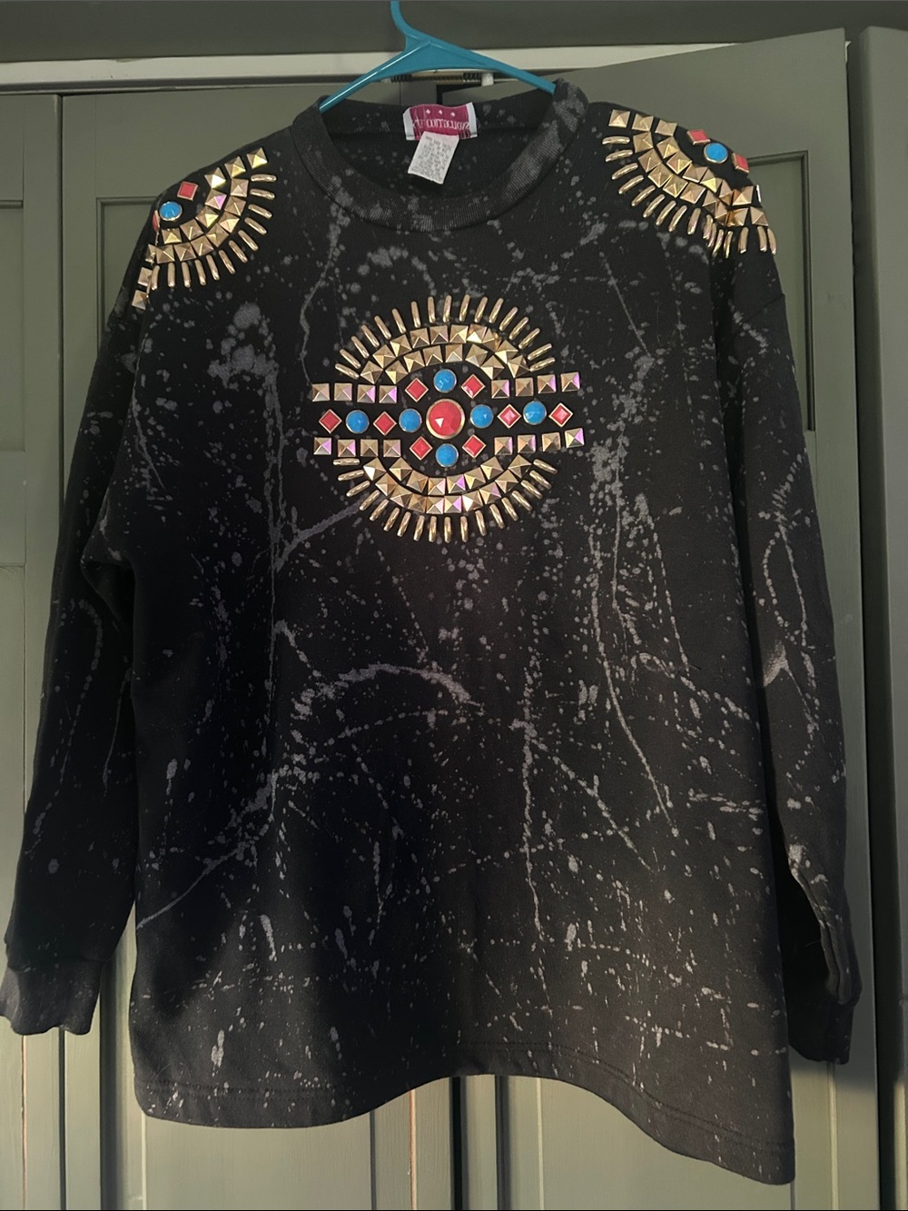 Studded Black Splatter crewneck Sweatshirt with statement shoulders